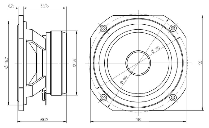 Image Drawing & Mounting haut parleur à cône Beyma Haut-parleur Beyma 5MP60/N, 8 ohm, 5 pouce
