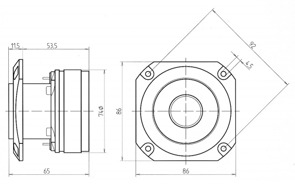 drawing & mounting du tweeter à compression Beyma Tweeter à compression Beyma CP16, 8 ohm, 86 x 86 mm