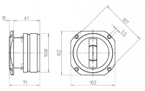 drawing & mounting du tweeter à compression Beyma Tweeter à compression Beyma CP21F, 8 ohm, 102 x 102 mm