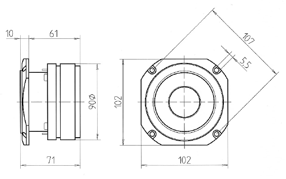 drawing & mounting du tweeter à compression Beyma Tweeter à compression Beyma CP22, 8 ohm, 102 x 102 mm
