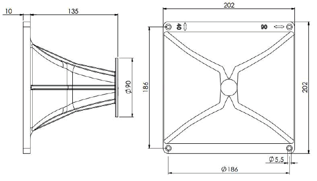 Image Dimensions & Montage pavillon Beyma Pavillon Beyma TD194, gorge 1.0 pouce, façade 202 x 202 mm