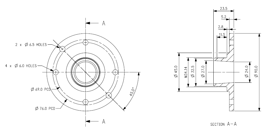 drawing & mounting du adaptateur pavillon/compression Celestion Adaptateur compression 1 pouce (fixation sur 2 ou 3 points) vers pavillon à gorge 1 pouce et filetage 1 pouce 3/8