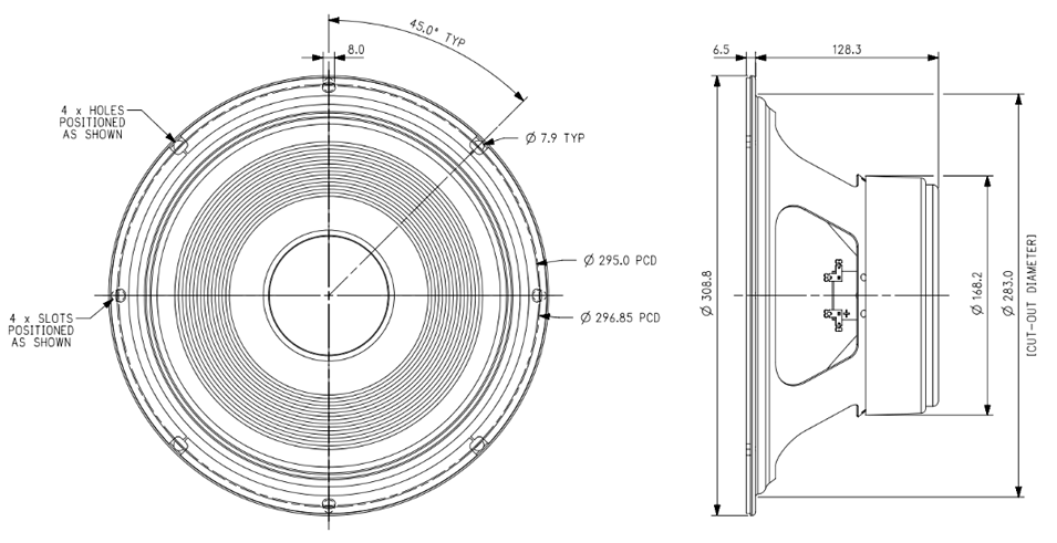 drawing & mounting du haut parleur à cône Celestion Haut-parleur guitare Celestion G12H-150 Redback, 16 ohm, 12 pouce