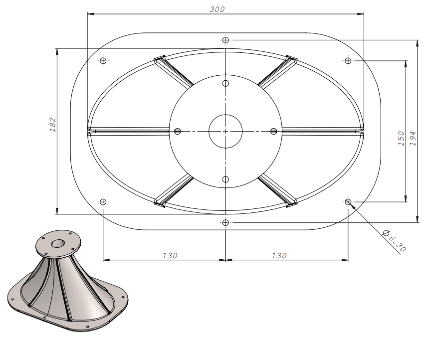 Image Drawing & Mounting (2/2) pavillon Ciare Pavillon aluminium à directivité constante, pour moteur à gorge 1.4 pouce, couverture 60 x 40 degrés, utilisation à partir de 800 Hz, façade 330 x 209 mm