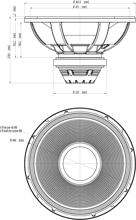 drawing & mounting du haut parleur à cône Eighteen Sound Haut-parleur 18 Sound 18TLW3000 , 4 ohm, 18 pouce