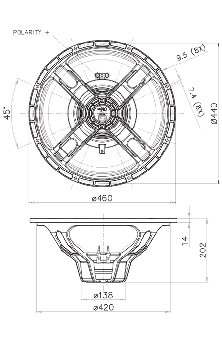 Image Drawing & Mounting haut parleur à cône Faital Pro Haut-parleur FaitalPRO 18HP1022, 8 ohm, 18 pouce