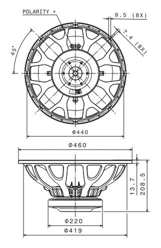 drawing & mounting du haut parleur à cône Faital Pro Haut-parleur FaitalPRO 18HP1030, 8 ohm, 18 pouce