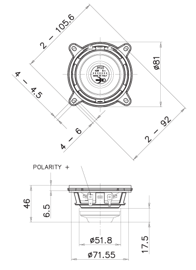 drawing & mounting du haut parleur à cône Faital Pro Haut-parleur large-bande FaitalPRO 3FE22, 8 ohm, 3 pouce