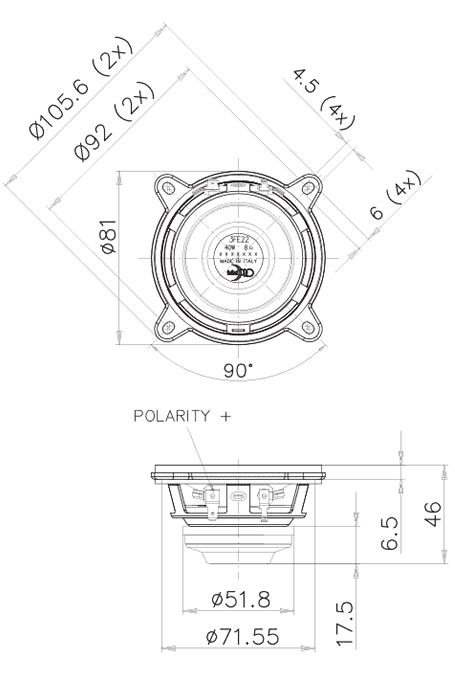 Image Drawing & Mounting haut parleur à cône Faital Pro Haut-parleur large-bande FaitalPRO 3FE22, 4 ohm, 3 pouce
