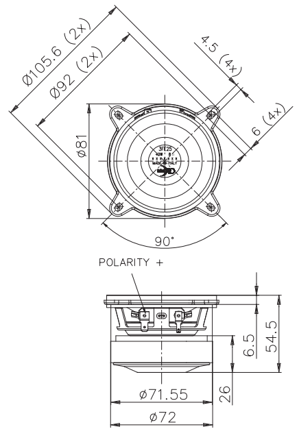 drawing & mounting du haut parleur à cône Faital Pro Haut-parleur large-bande FaitalPRO 3FE25, 4 ohm, 3 pouce