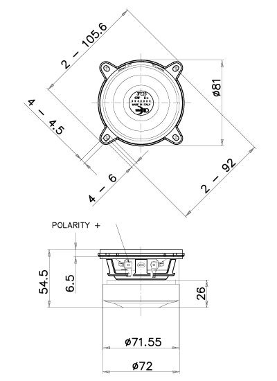 drawing & mounting du haut parleur à cône Faital Pro Haut-parleur large-bande FaitalPRO 3FE25, 8 ohm, 3 pouce