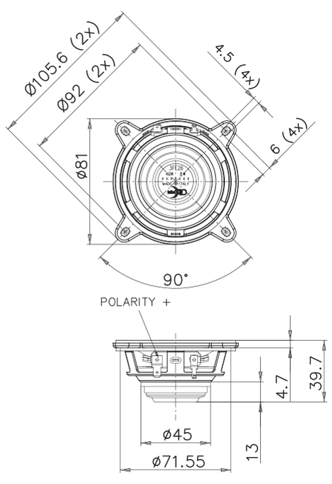 drawing & mounting du haut parleur à cône Faital Pro Haut-parleur large-bande FaitalPRO 3FE26, 8 ohm, 3 pouce