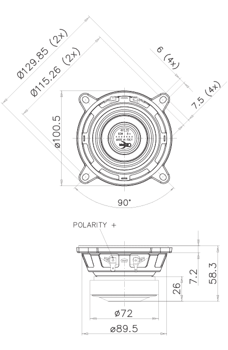 drawing & mounting du haut parleur à cône Faital Pro Haut-parleur FaitalPRO 4FE35, 4 ohm, 4 pouce