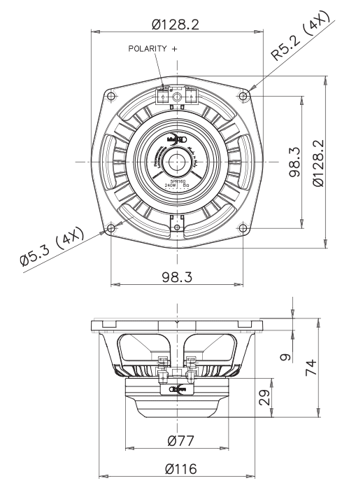 drawing & mounting du haut parleur à cône Faital Pro Haut-parleur FaitalPRO 5PR160, 8 ohm, 5 pouce