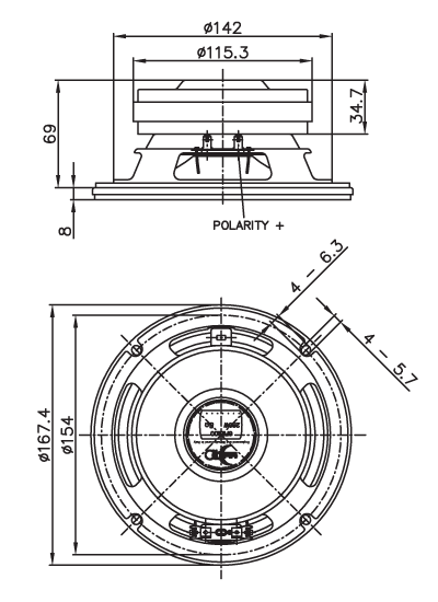 Image Drawing & Mounting haut parleur à cône Faital Pro Haut-parleur FaitalPRO 6FE200, 8 ohm, 6.5 pouce