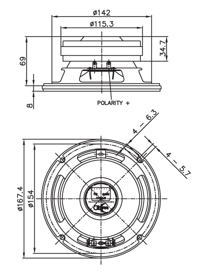 drawing & mounting du haut parleur à cône Faital Pro Haut-parleur FaitalPRO 6FE200, 8 ohm, 6.5 pouce