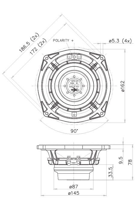 drawing & mounting du haut parleur à cône Faital Pro Haut-parleur FaitalPRO 6PR122, 8 ohm, 6.5 pouce