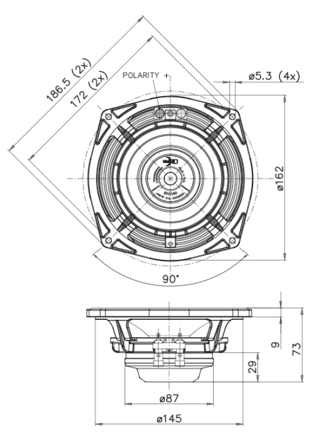 drawing & mounting du haut parleur à cône Faital Pro Haut-parleur FaitalPRO 6RS140, 8 ohm, 6.5 pouce