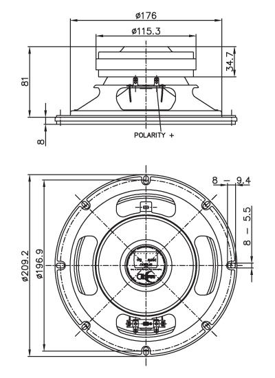 drawing & mounting du haut parleur à cône Faital Pro Haut-parleur FaitalPRO 8FE200, 8 ohm, 8 pouce