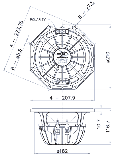 drawing & mounting du haut parleur à cône Faital Pro Haut-parleur FaitalPRO 8PR200, 8 ohm, 8 pouce