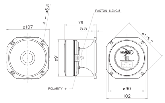 drawing & mounting du tweeter à compression Faital Pro Tweeter à compression driver FaitalPRO FD371, 8 ohm, 107 x 107 mm