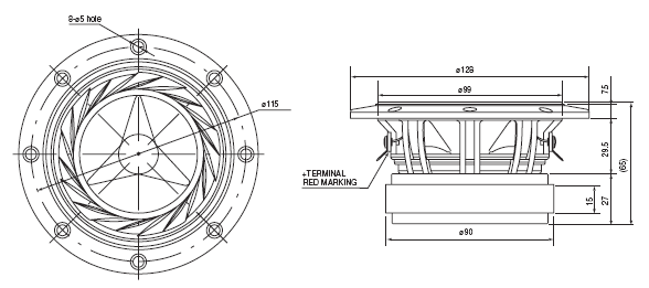 drawing & mounting du haut parleur à cône Fostex Haut-parleur large-bande Fostex FE108EZ, 8 ohm, 128 mm