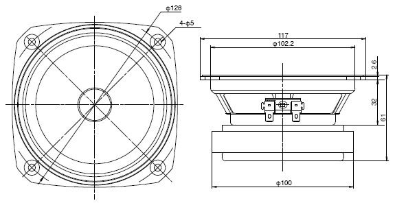drawing & mounting du haut parleur à cône Fostex Haut-parleur large-bande Fostex FE126En, 8 ohm, 117 x 117 mm