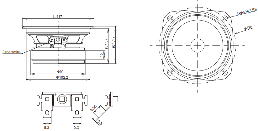 drawing & mounting du haut parleur à cône Fostex Haut-parleur large-bande Fostex FE126NV, 8 ohm, 117 x 117 mm