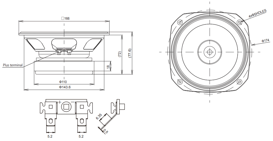 drawing & mounting du haut parleur bicône Fostex Haut-parleur large-bande Fostex FE166NV, 8 ohm, 166 x 166 mm
