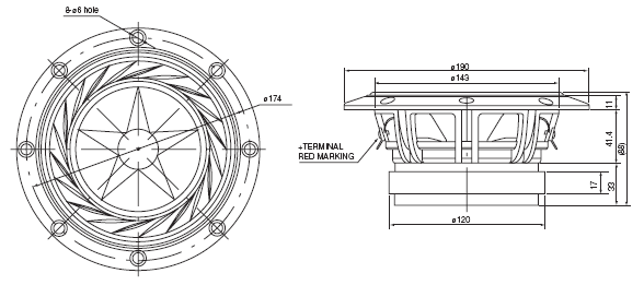 drawing & mounting du haut parleur à cône Fostex Haut-parleur large-bande Fostex FE168EZ, 8 ohm, 190 mm