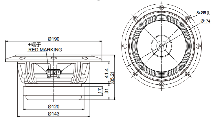 drawing & mounting du haut parleur bicône Fostex Haut-parleur large-bande Fostex FE168NS, 8 ohm, 190 mm