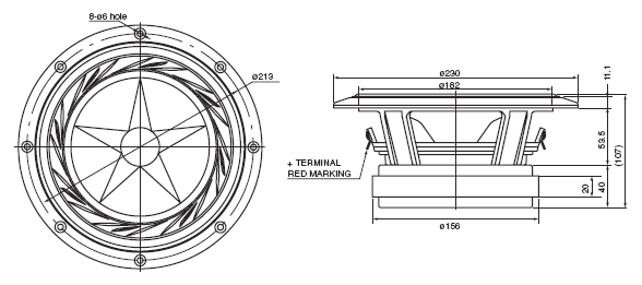 Image Drawing & Mounting haut parleur à cône Fostex Haut-parleur large-bande Fostex FE208EZ, 8 ohm, 230 mm