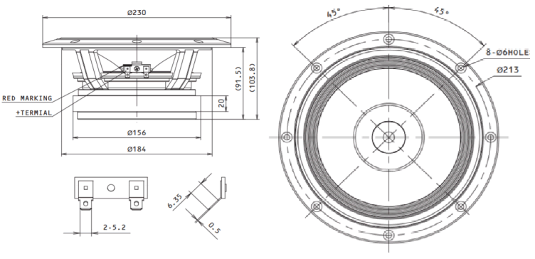 drawing & mounting du haut parleur bicône Fostex Haut-parleur large-bande Fostex FE208NS, 8 ohm, 230 mm