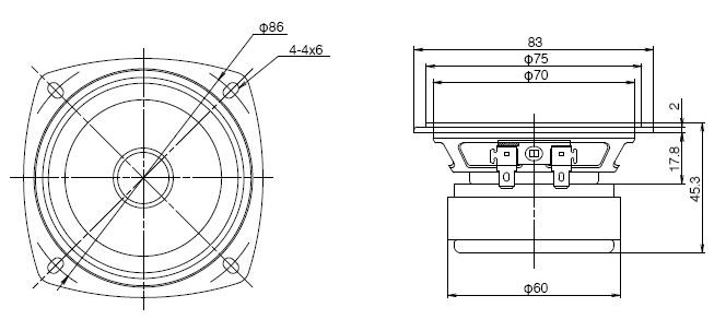drawing & mounting du haut parleur à cône Fostex Haut-parleur large-bande Fostex FE83En, 8 ohm, 83 x 83 mm