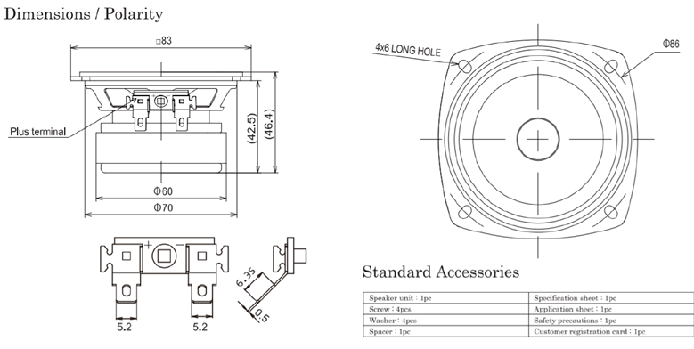 drawing & mounting du haut parleur à cône Fostex Haut-parleur large-bande Fostex FE83NV, 8 ohm, 83 x 83 mm