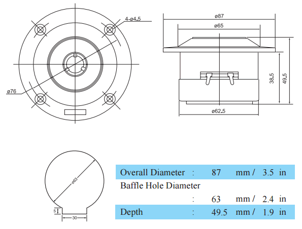 Image Drawing & Mounting tweeter à compression Fostex Tweeter compression Fostex FT17H, 8 ohm, 87 mm