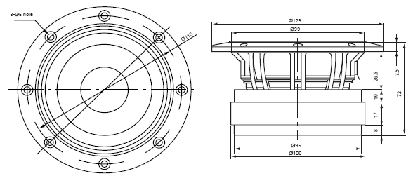 Image Dimensions & Montage haut parleur à cône Fostex HP Cône Fostex FW108N (8Ohm)