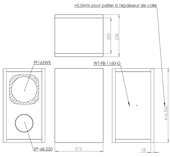 Image Drawing & Mounting kit enceinte Fostex Kit enceinte large-bande Fostex FF165WK avec kit ébénisterie et haut-parleur