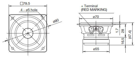 Image Drawing & Mounting haut parleur à cône Fostex Haut-parleur large-bande Fostex P800K, 8 ohm, 80 x 80 mm