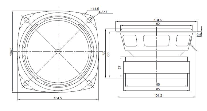 Image Dimensions & Montage haut parleur à cône Fountek Haut-parleur Fountek FW100B, 8 ohm, 104.5 x 104.5 mm