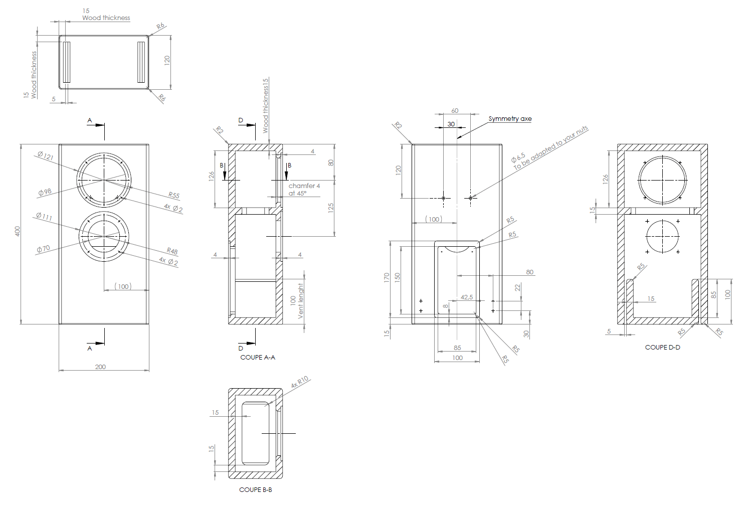 drawing & mounting du kit enceinte .Kartesian Kit enceinte plate Kartesian Kompacte_4, avec haut-parleurs et filtre passif, bornier, amortissement et vis (sans caisse)