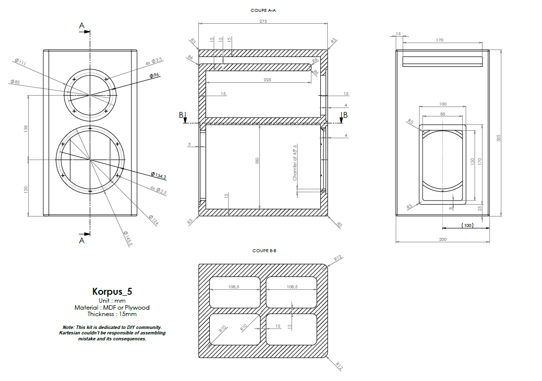Image Drawing & Mounting (1/2) kit enceinte .Kartesian Kit enceinte bibliothèque Kartesian Korpus_5, avec haut-parleurs et filtre passif, bornier, amortissement et vis (sans caisse)