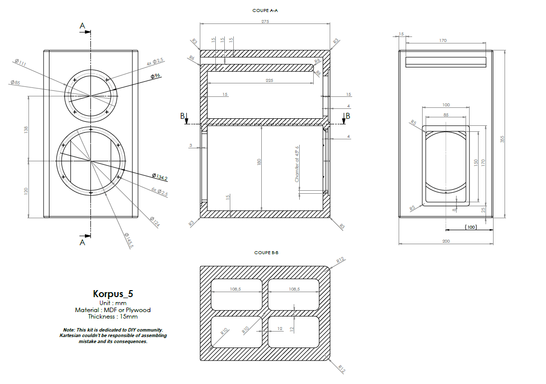 drawing & mounting du kit enceinte .Kartesian Kit enceinte bibliothèque Kartesian Korpus_5, avec haut-parleurs et filtre passif, bornier, amortissement et vis (sans caisse)