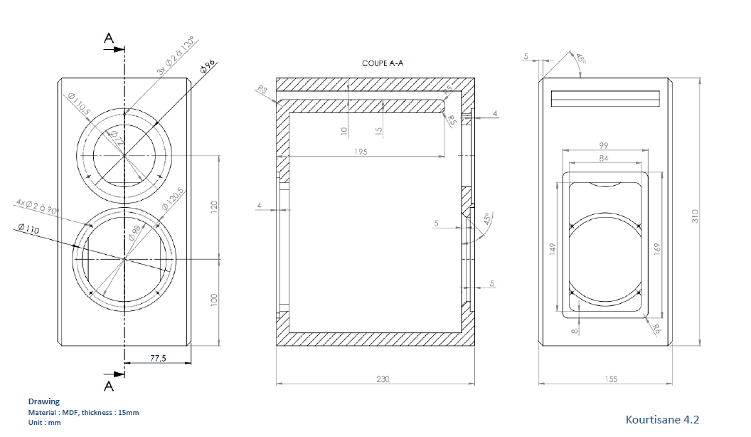 drawing & mounting du kit enceinte .Kartesian Kit enceinte bibliothèque Kartesian Kourtisane 4.2, avec haut-parleurs et filtre passif, bornier, amortissement et vis (sans caisse)