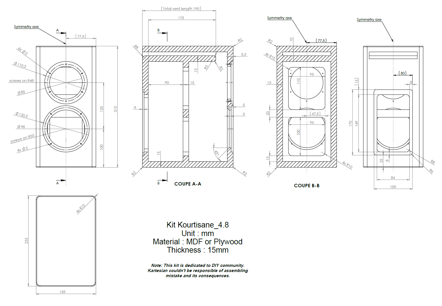 drawing & mounting du kit enceinte .Kartesian Kit enceinte bibliothèque Kartesian Kourtisane 4.8, avec haut-parleurs et filtre passif, bornier, amortissement et vis (sans caisse)