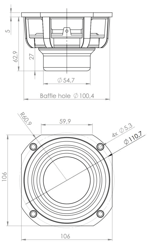 drawing & mounting du haut parleur à cône .Kartesian Haut-parleur Kartesian Lom120_vPA, 8 ohm, 106 x 106 mm