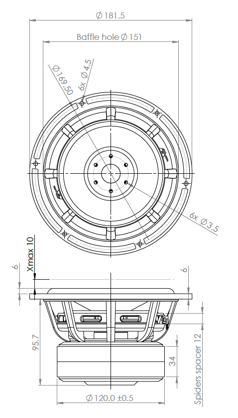 Image Drawing & Mounting haut parleur à cône .Kartesian Haut-parleur Kartesian Sub180_vMS, 8 ohm, 181.5 mm