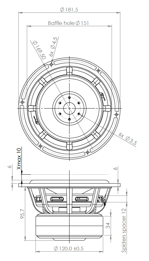 drawing & mounting du haut parleur à cône .Kartesian Haut-parleur Kartesian Sub180_vMS, 8 ohm, 181.5 mm