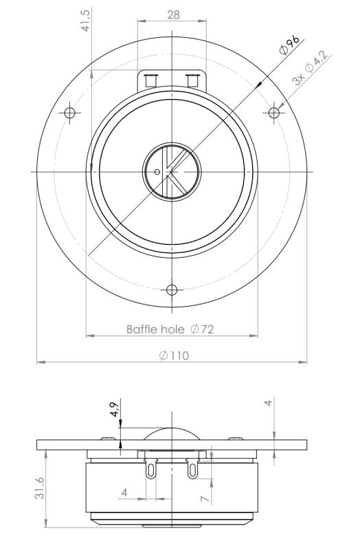 drawing & mounting du tweeter à dôme .Kartesian Tweeter à dôme Kartesian Twt28_vHP, 8 ohm, 110 mm