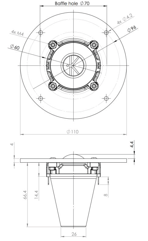 drawing & mounting du tweeter à dôme .Kartesian Tweeter à dôme Kartesian Twt28_vMS, 8 ohm, 110 mm